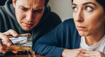 Primer plano de un hombre derramando una bebida de un vaso y una mujer con expresión de incomodidad mirando hacia un lado con las manos juntas.