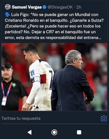 Este fue el trino de Samuel Vargas que posteriormente desmintió Luis Figo afirmando que nunca dijo esas palabras. Imagen: @SVargasOK.
