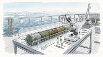 Dibujo de una mesa con un testigo de sedimento, instrumental y un microscopio en la cubierta de un barco frente a un mar con témpanos de hielo