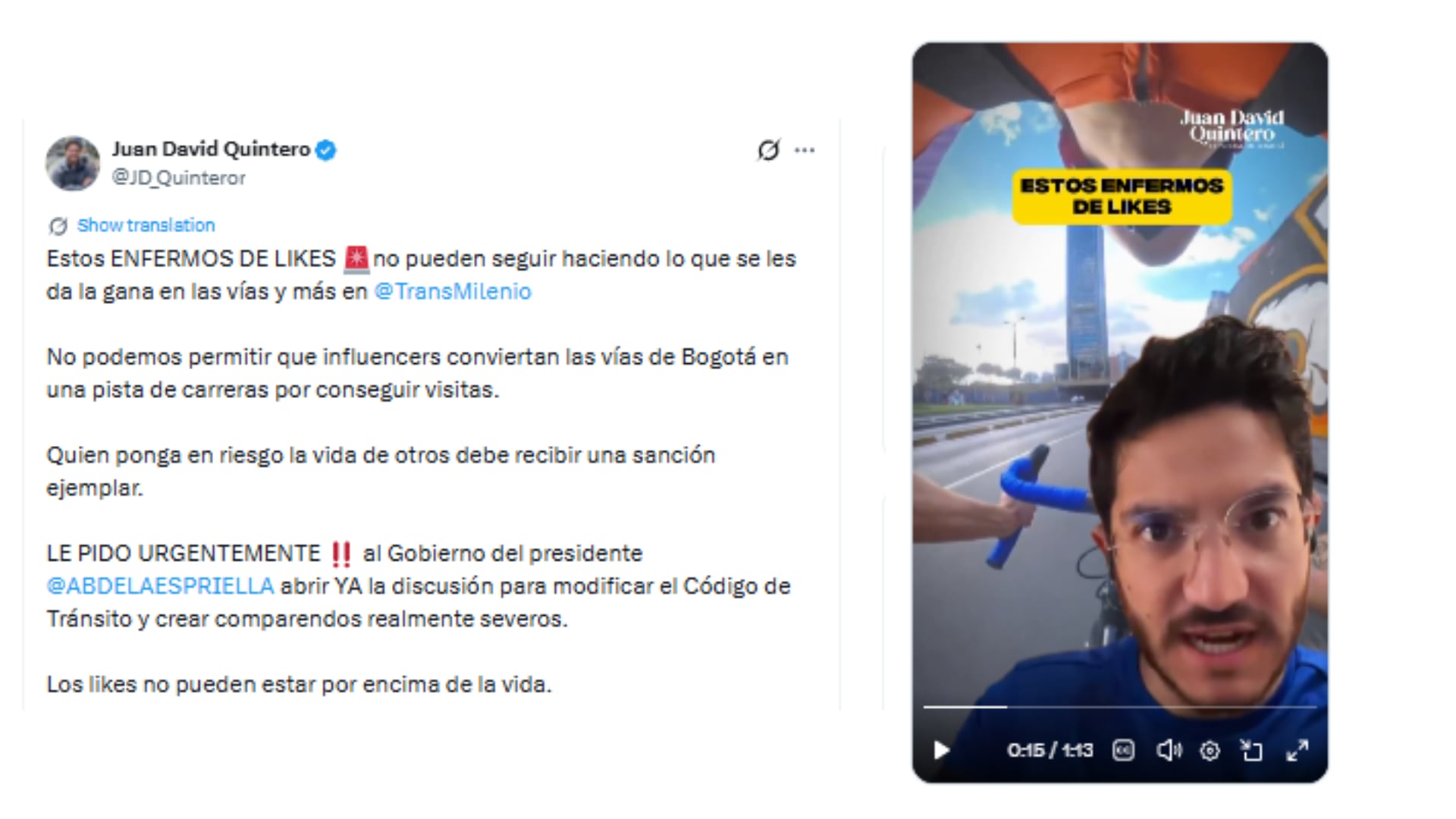 Esta fue la reacción del Juan David Quintero sobre los participantes de este tipo de carreras - crédito @JD_Quinteror/X