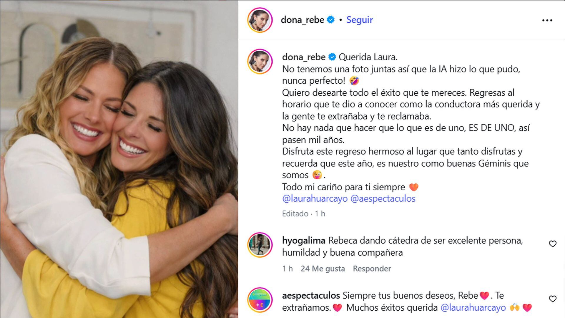 El saludo de Rebeca Escribens a Laura Huarcayo combinó afecto, frases enfáticas y una imagen creada con IA que llamó la atención tras el debut televisivo. (Instagram)