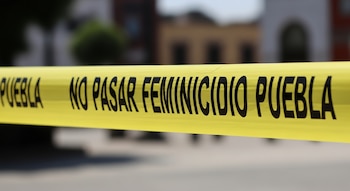 Cinta de seguridad amarilla con texto negro 'PUEBLA NO PASAR FEMINICIDIO PUEBLA' y fondo urbano borroso.