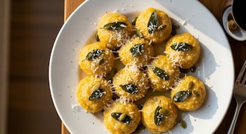 Plato blanco con diez sorrentinos de calabaza asada caseros, cada uno con queso rallado, una hoja de salvia verde y semillas de calabaza, sobre madera.