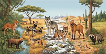 Ilustración de estilo caricatura con diez cánidos de varias especies, como lobos, zorros, perros salvajes africanos y un tanuki, en paisajes diversos