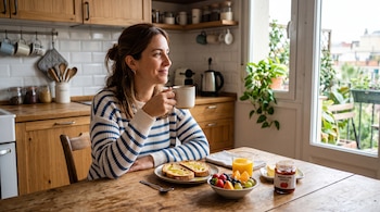 Mujer sentada a la mesa de una cocina con una taza en la mano, ante un plato con tostadas, un tazón de frutas y un vaso de jugo.