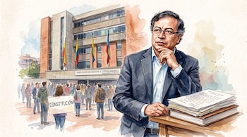 Ilustración de Gustavo Petro junto a documentos en una mesa y personas frente al edificio de los Tribunales de Bogotá.