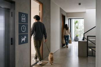 Un hombre sale de un departamento con un perro pequeño con correa en un pasillo donde hay carteles con iconos de ascensor, reloj y mascota.