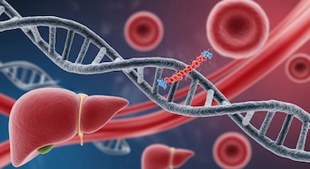 Una doble hélice de ADN en primer plano con una modificación molecular; al fondo, un hígado, vasos sanguíneos y glóbulos rojos sobre un fondo azulado.