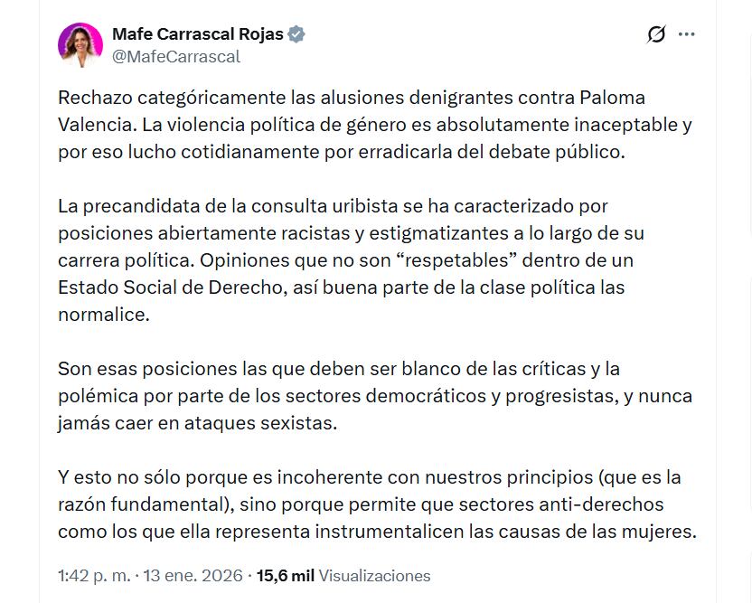 Mafe Carrascal afirmó que “la violencia política de género es absolutamente inaceptable” y que los ataques al cuerpo de la senadora no representan los principios de su movimiento - crédito @MafeCarrascal/X