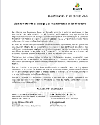 Gremios como ANDI, Fenalco y la Cámara de Comercio de Bucaramanga exigen levantar bloqueos para evitar un daño económico irreversible en Santander - crédito @CCBucaramanga/X