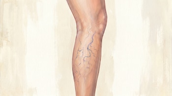 Ilustración de primer plano de una pierna humana con venas varicosas visibles en la pantorrilla y el muslo, sobre un fondo claro y texturizado.
