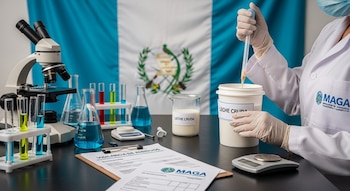 Persona con bata y guantes en laboratorio, toma muestra de leche cruda. Hay microscopio, tubos de ensayo, beakers, documentos MAGA y bandera de Guatemala de fondo.