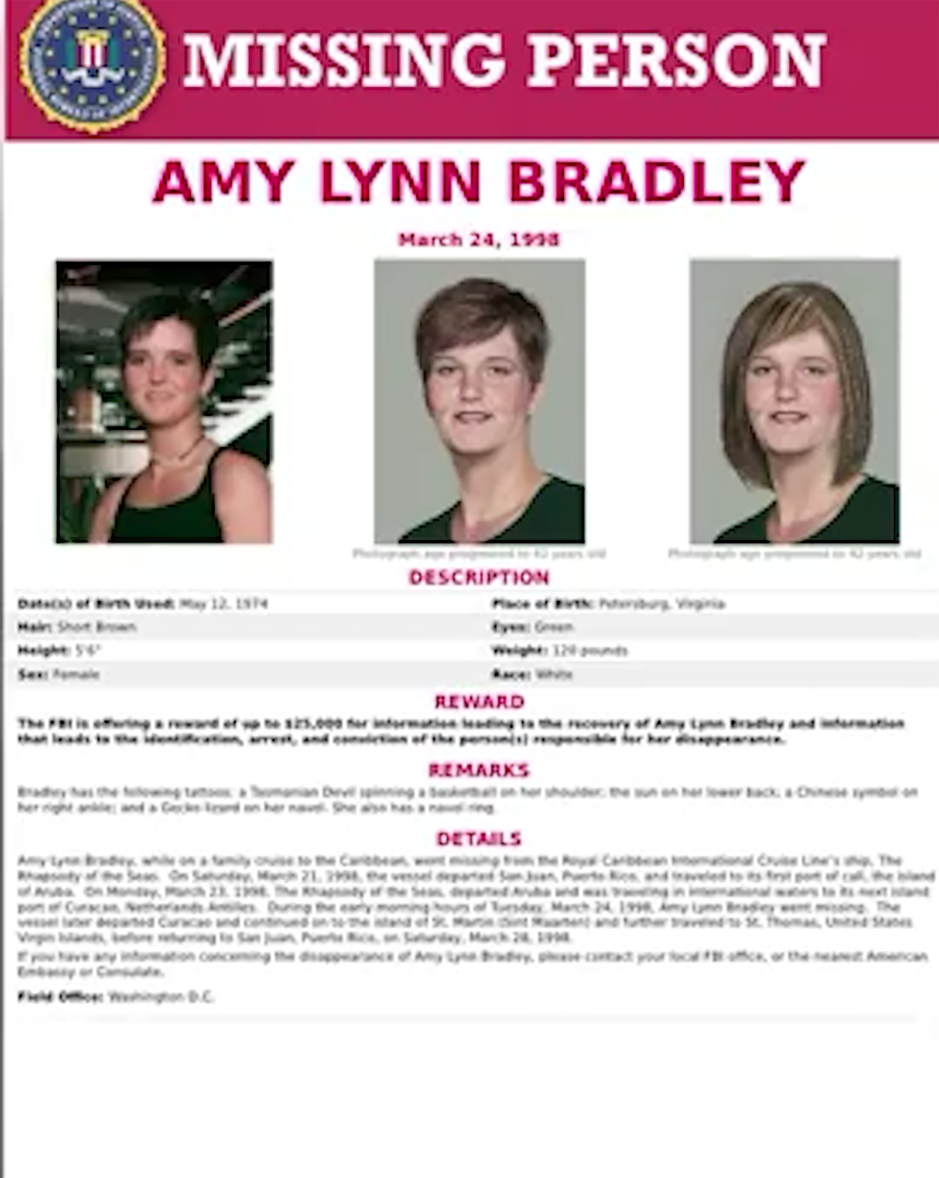 Amy Bradley es buscada por el FBI. En el afiche se crearon dos rostros que podrían ser los de la mujer según el paso del tiempo