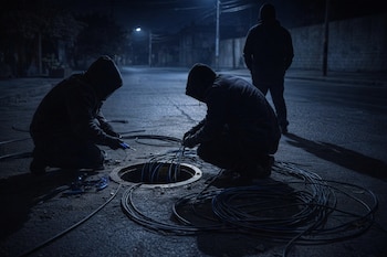 Buzón abierto en vereda; dos figuras agachadas manipulan cables con herramientas; una tercera figura de pie observa la calle por la noche.