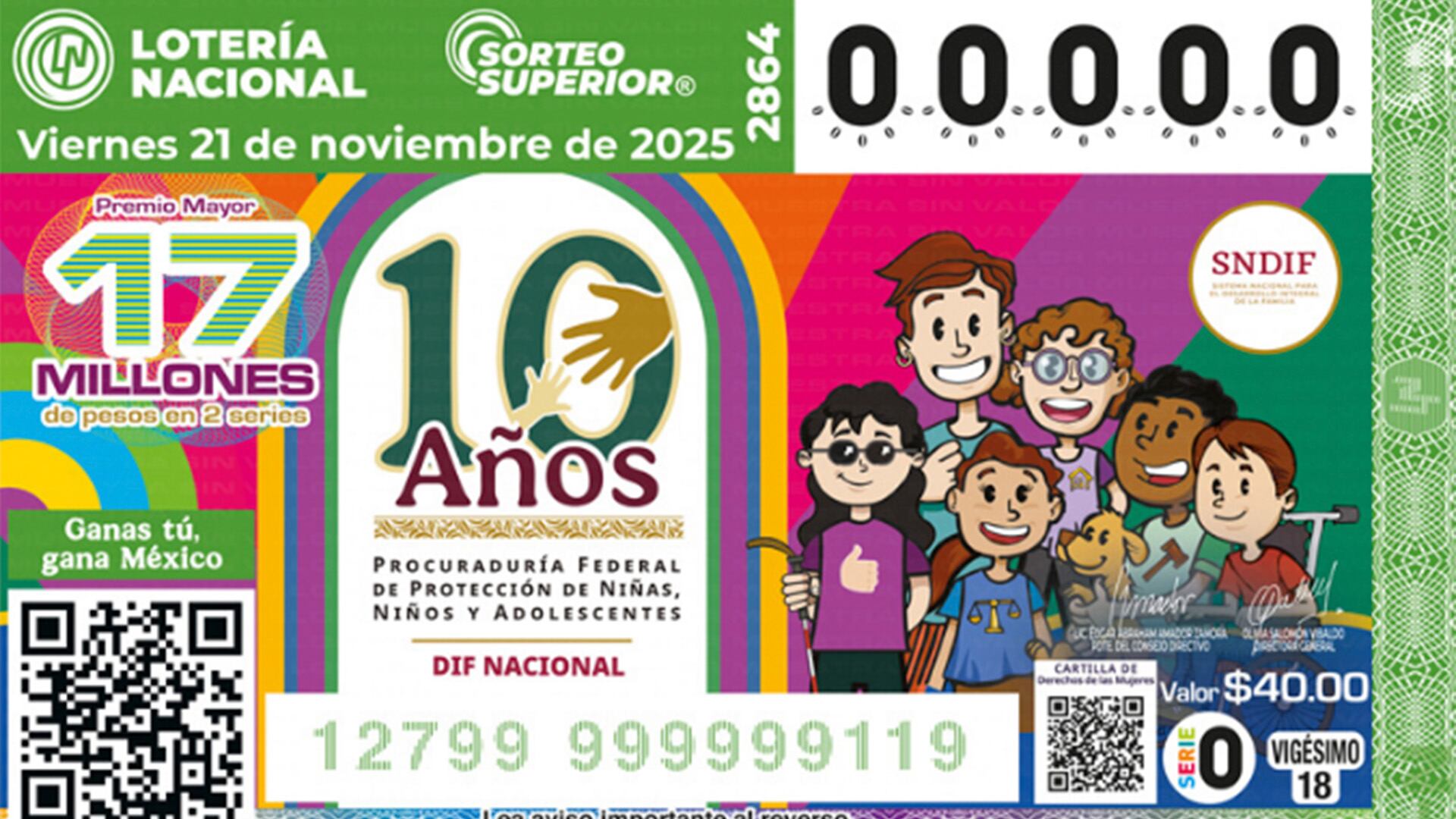 El diseño del billete de este sorteo hace homenaje a 10° Aniversario de la creación de la Procuraduría Federal de Protección de Niñas, Niños y Adolescentes SNDIF.
