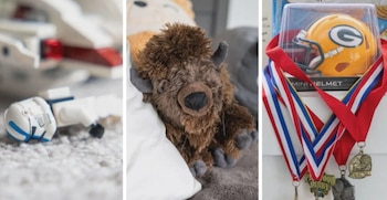Tres imágenes contiguas con una figura de Lego, un peluche marrón de bisonte y un casco en miniatura junto a medallas deportivas
