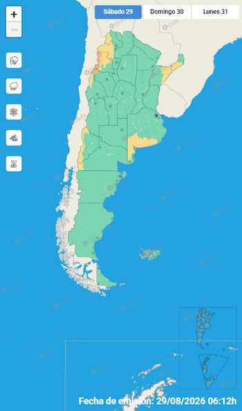 Mapa de Argentina con zonas en verde, amarillo y naranja, junto a un menú de fechas y botones con íconos del tiempo a la izquierda