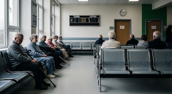 Sala de espera de hospital con personas mayores sentadas en bancos metálicos, ventanales grandes, panel de turnos electrónico y reloj de pared.