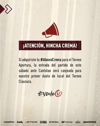 Comunicado de Universitario anunciando la compensación para los hinchas que adquirieron su abono para el Torneo Apertura.