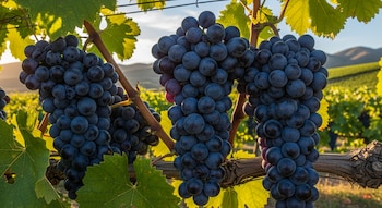 Múltiples racimos de uvas oscuras cuelgan de las vides con hojas verdes y ramas marrones, en un viñedo con colinas al fondo bajo el sol.