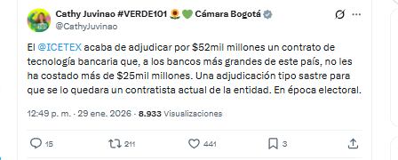 La congresista Juviano aseguró que el Icetex adjudicó un contrato con cifras aparentemente demasiado altas - crédito @CathyJuvinao/X