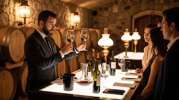 Un sommelier con barba en traje sostiene dos copas de vino tinto frente a un grupo en una mesa iluminada, con botellas y barriles al fondo en una bodega.