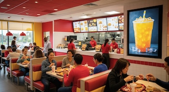 Interior de un restaurante de comida rápida con decoración roja y amarilla, clientes comiendo y empleados atendiendo. Pantalla muestra bebida naranja helada.