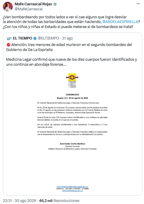 Mafe Carrascal preguntó si las operaciones militares buscan desviar la atención de otros asuntos - crédito @MafeCarrascal/X