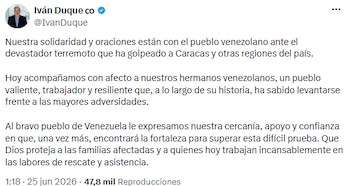 Iván Duque resaltó la resiliencia venezolana y ofreció apoyo tras el terremoto en Caracas - crédito @IvanDuque/X