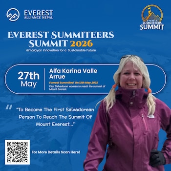 Alfa Karina Arrué representará a El Salvador tras convertirse en la primera salvadoreña en llegar a la cumbre del Everest. (Cortesía: Everest Alliance Nepal)