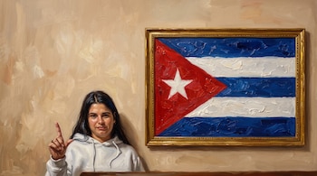 Ilustración al óleo de una mujer que alza el dedo índice junto a un cuadro enmarcado con la bandera de Cuba.