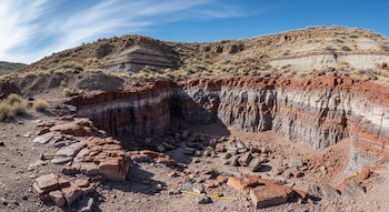 Vista panorámica de la cantera Hayden con un gran corte en la tierra que revela capas de roca estratificadas en tonos rojos, grises y blancos, con un cielo azul de fondo.