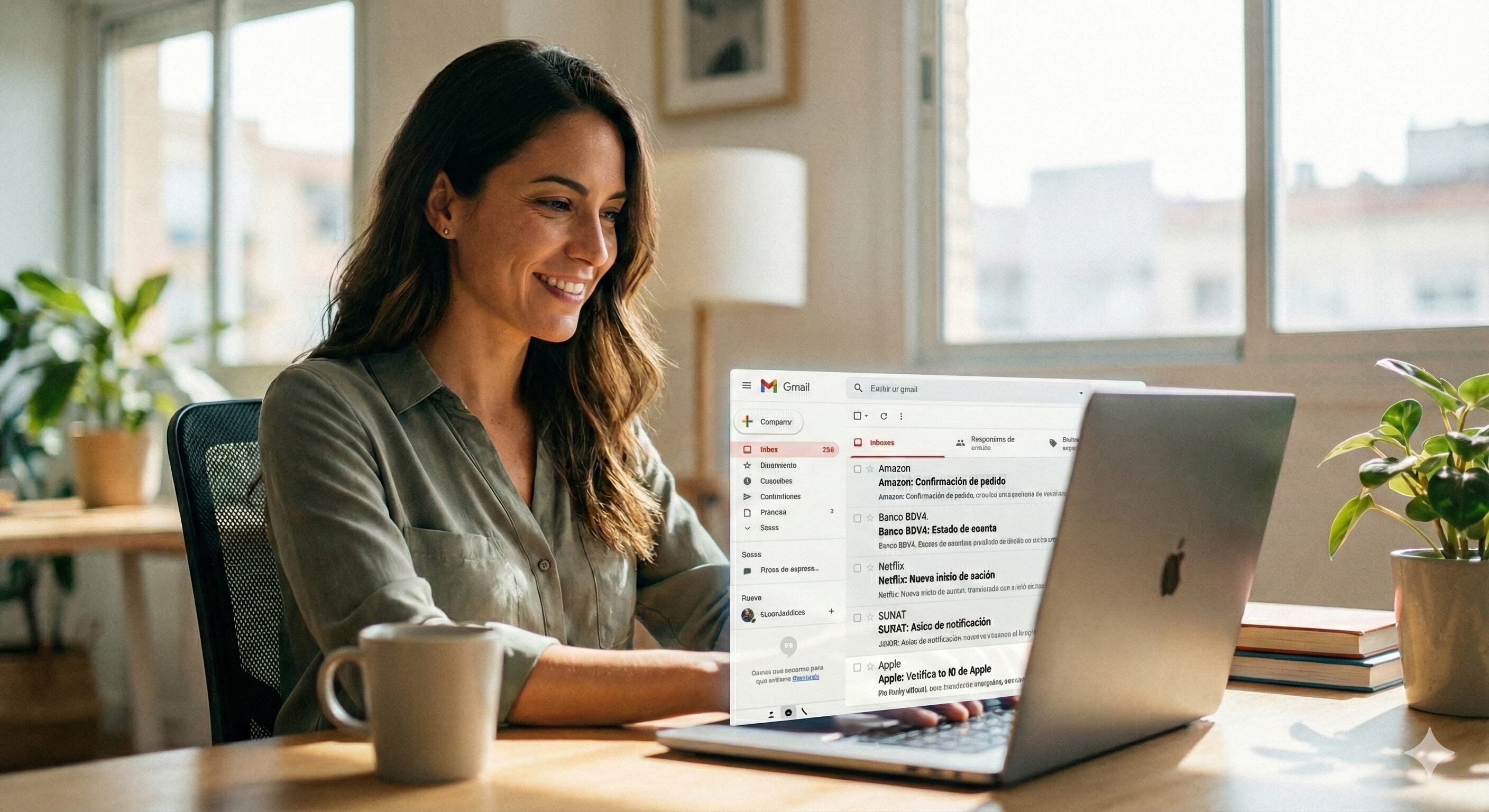 Una mujer revisa su bandeja de entrada de correo electrónico, ilustrando cómo la confianza en mensajes legítimos es explotada por ciberatacantes (Imagen Ilustrativa / Infobae / Gemini)
