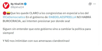 @ByViral24, portal de noticias, atacó al Centro Democático y manifestó que en el Gobierno de De la Espriella no habrá burocracia - (@ByViral24/X)