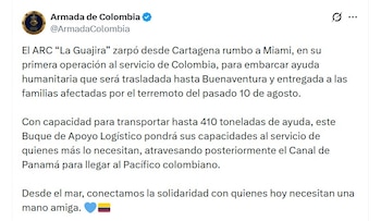 Los suministros recolectados en el sur de Florida serán transportados por vía marítima hasta el puerto de Buenaventura - crédito @ArmadaColombia/X