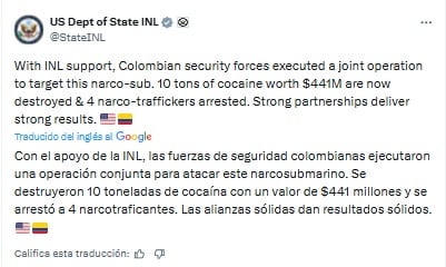 En febrero de 2026 se incautó un submarino con 10 toneladas de cocaína a bordo por autoridades de Colombia y Estados Unidos- crédito @StateINL/X