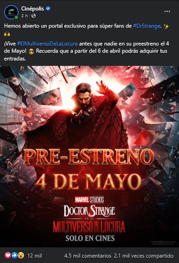 Marvel Studios anunció preestreno de Doctor Strange in the Multiverse of Madness Foto: Cinepolis Facebook