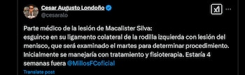 El periodista reveló el tipo de lesión que sufre el volante y el tiempo que estaría por fuera de las canchas - crédito @cesaralo / X