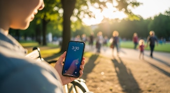 Primer plano de una persona sentada en un banco de parque, sosteniendo un teléfono móvil que muestra la hora 3:30 PM. Al fondo se ven personas y árboles borrosos bajo el sol.
