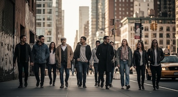 Vista de plano medio de un grupo diverso de personas caminando en una acera de la ciudad con edificios altos y un taxi amarillo en el fondo.