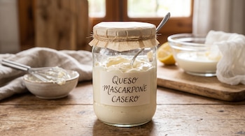 Un frasco de vidrio con la etiqueta Queso Mascarpone Casero, una cuchara, un batidor de varillas, un limón y cuencos sobre una mesa.