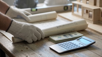 Manos con guantes manipulan planos de arquitectura sobre una mesa de madera, cerca de billetes de dólar, una calculadora y una maqueta de edificio desenfocada.