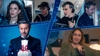 Un collage de seis personas; un hombre con esmoquin y pastel de 50 años, una mujer preocupada, dos hombres con auriculares, un hombre mirando hacia abajo y una mujer sorprendida