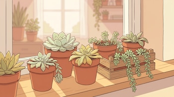 Varias suculentas con hojas lacias y pálidas en macetas de terracota y una jardinera de madera, ubicadas en un alféizar con luz natural.