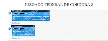 Captura de pantalla de un documento judicial con el título 'JUZGADO FEDERAL DE CÓRDOBA 2', mostrando chats reenviados que mencionan '17.000 dólares'