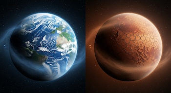 Vista de dos planetas en el espacio, uno azul con océanos y nubes, y el otro rojizo con una superficie seca y agrietada y neblina tenue.