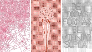 Tres paneles verticales con trazos florales en rosa, una figura estilizada sobre fondo ajedrezado y una cuadrícula gris con letras