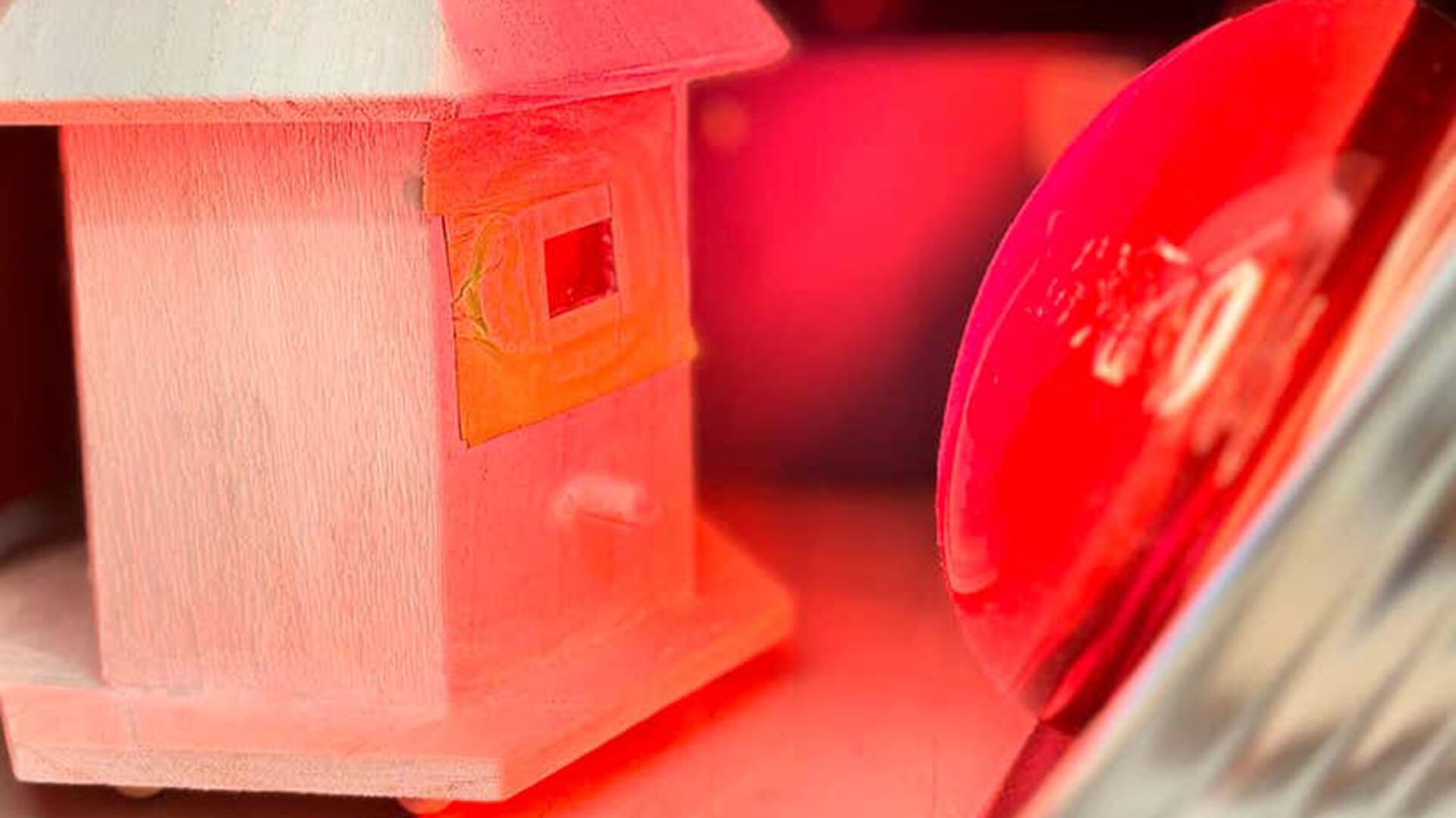 Una pajarera con una ventana hecha de madera transparente colocada junto a una lámpara de calor para probar las propiedades térmicas del material (Bharat Baruah)