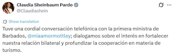 La llamada entre Claudia Sheinbaum y Mia Mottley refuerza la agenda de cooperación entre México y Barbados en materia turística y económica.
