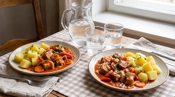Dos platos de estofado de cerdo y papas hervidas se ubican sobre un mantel a cuadros junto a una jarra de agua y dos vasos.